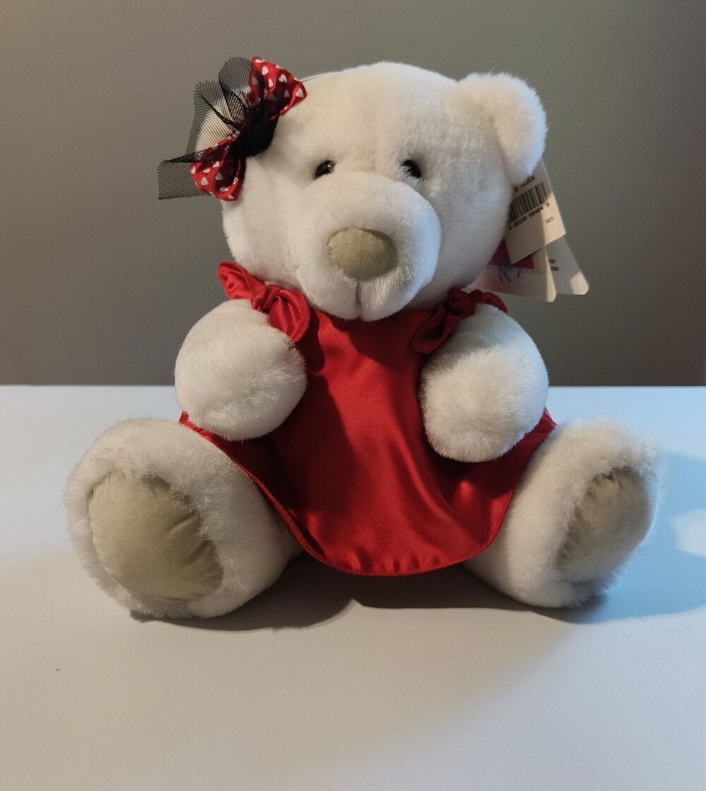Dakin Playthings Vintage Plush Teddy Bear With Red Dress And Bow Collectible